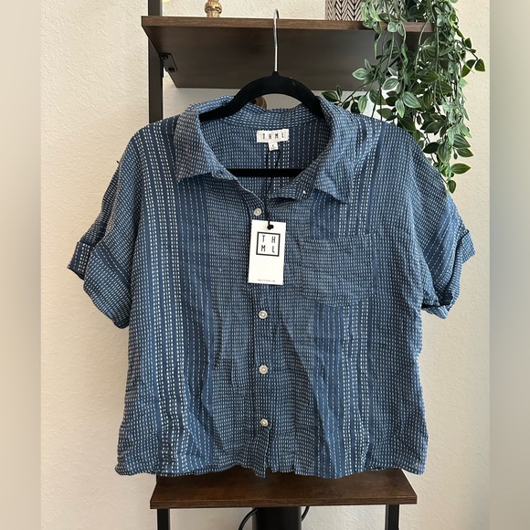 Womens THML button down. NWT. Blue/white lightweight grid flannel - Picture 1 of 4
